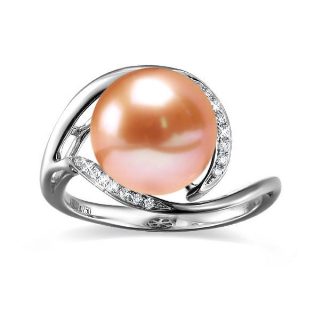 Bague femme perle - Or blanc, diamants - Perle de culture rose