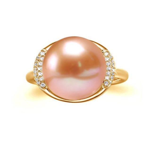 Bague circulaire plateau or jaune diamants - Perle culture rose