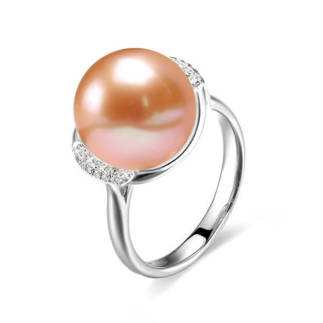 Bague perle de culture rose et or blanc - Plateau circulaire en diamants