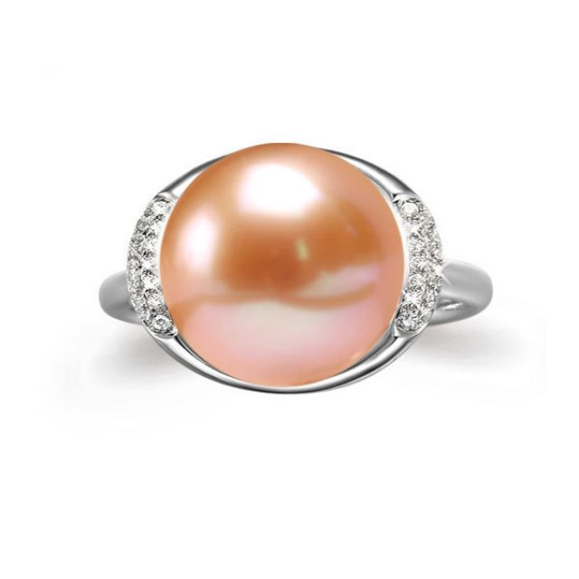 Bague perle de culture rose et or blanc - Plateau circulaire en diamants