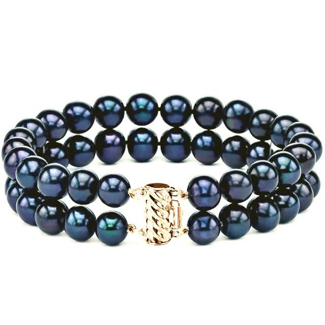 Bracelet Double Perles Eau Douce Noires - 7/7.5mm, AAA