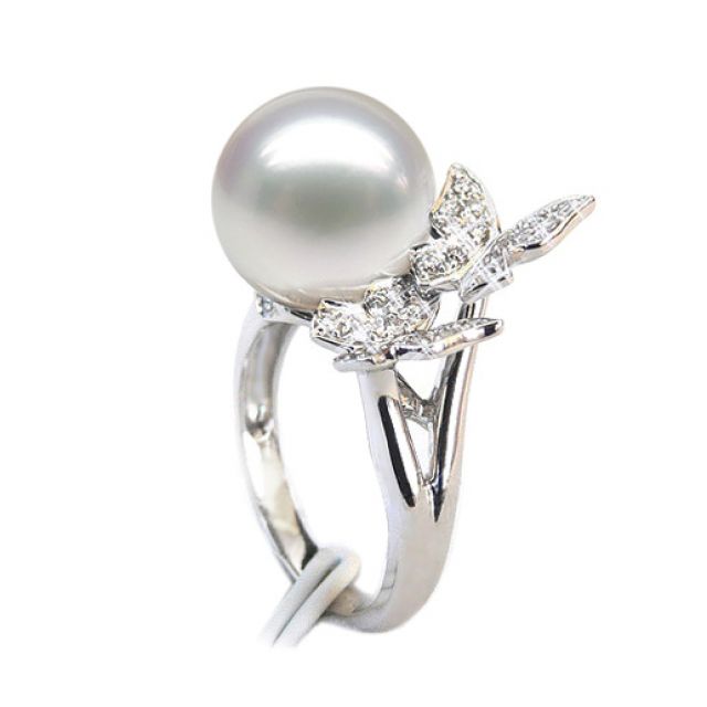 Bague papillons gracieux - Perle d'Australie - Or blanc, diamants