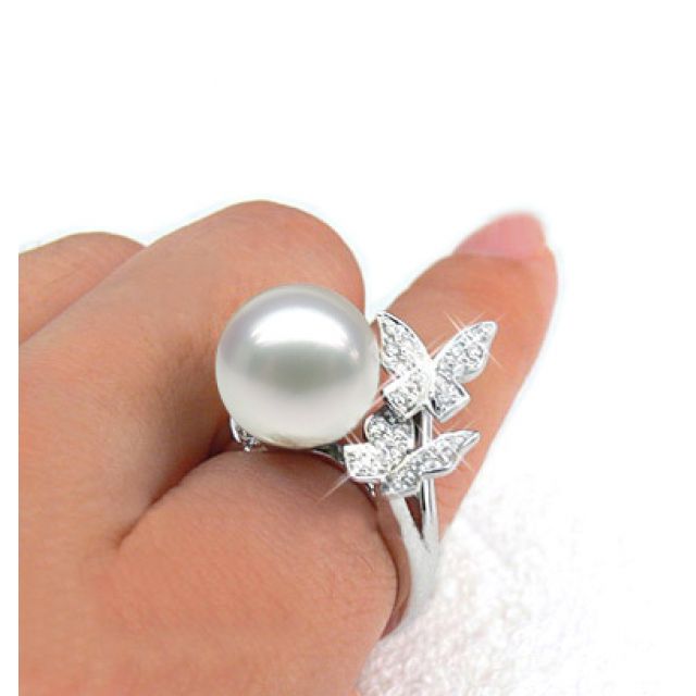 Bague papillons gracieux - Perle d'Australie - Or blanc, diamants