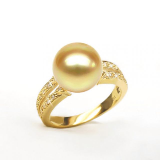 Bague des Australes - Perle d'Australie dorée - Or jaune, diamants