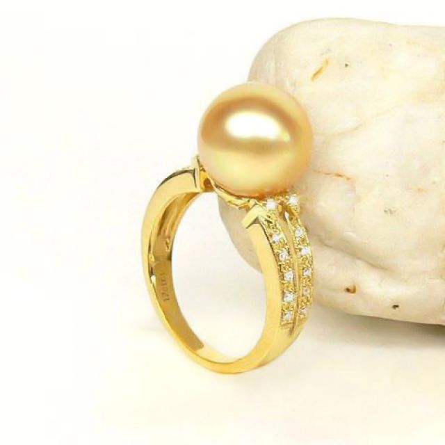 Bague des Australes - Perle d'Australie dorée - Or jaune, diamants