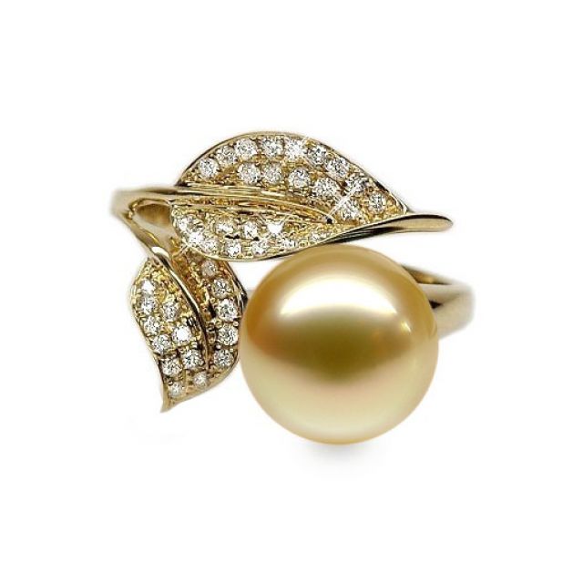 Bague feuilles de jasmin - Perle d'Australie dorée - Or jaune, diamants