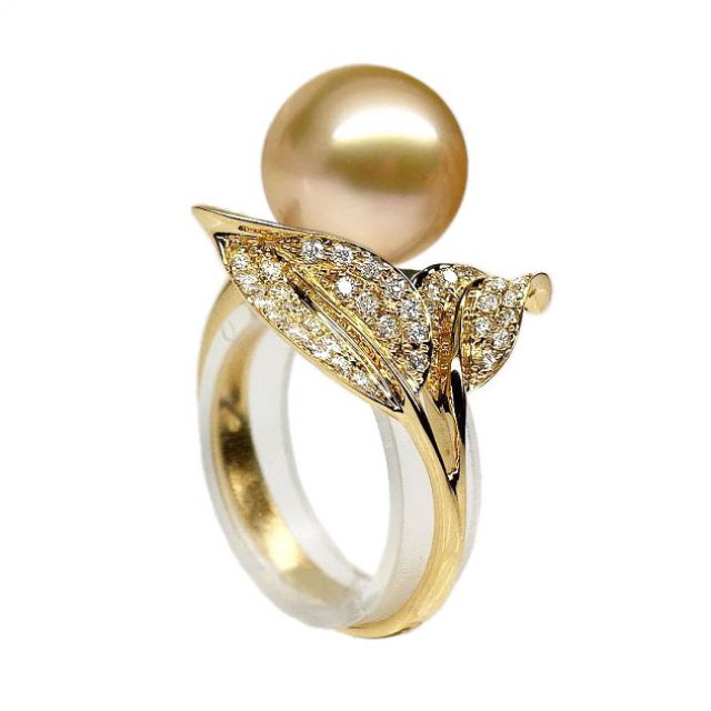 Bague feuilles de jasmin - Perle d'Australie dorée - Or jaune, diamants