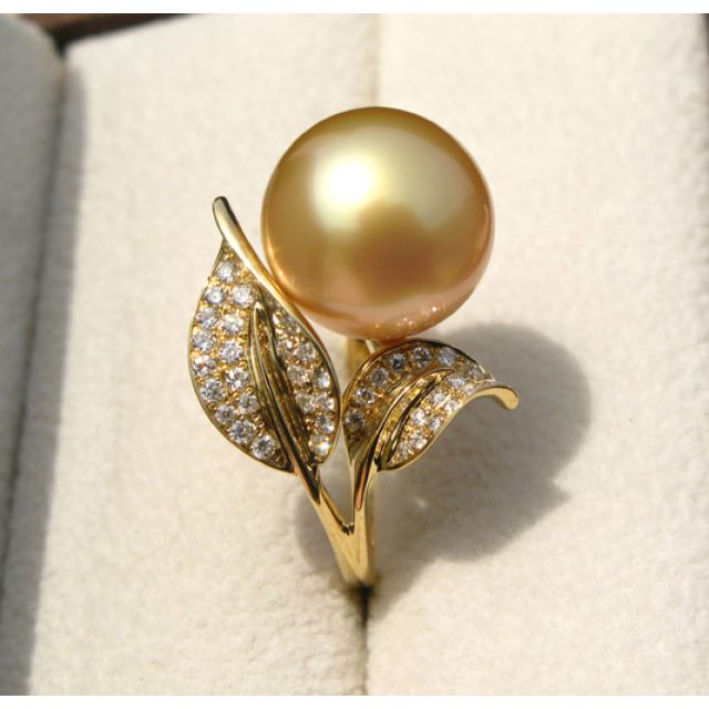 Bague feuilles de jasmin - Perle d'Australie dorée - Or jaune, diamants