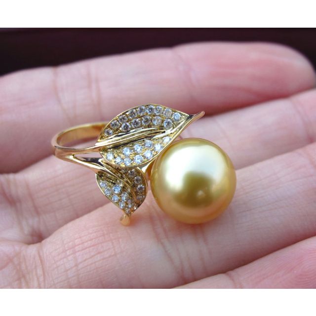 Bague feuilles de jasmin - Perle d'Australie dorée - Or jaune, diamants