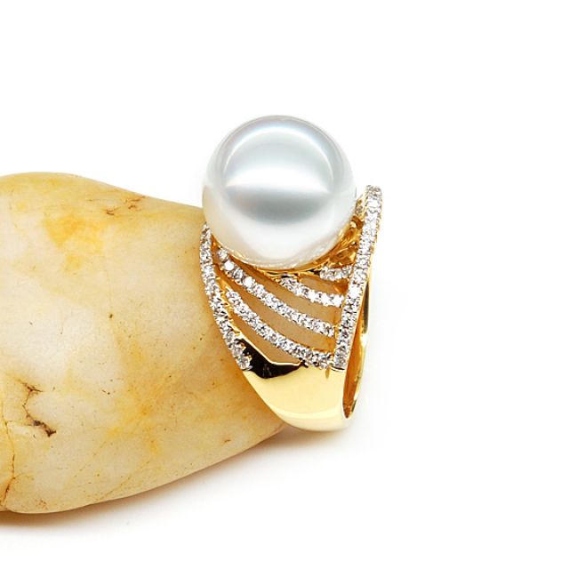 Bague des îles Cocos - Or jaune et perle d'Australie - Diamants