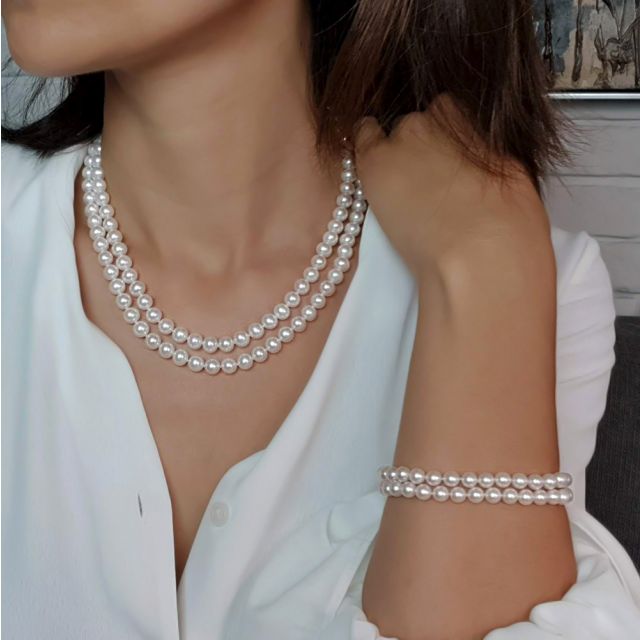 Collier double fil, rang de perles - Perle eau douce blanche - 7/7.5mm