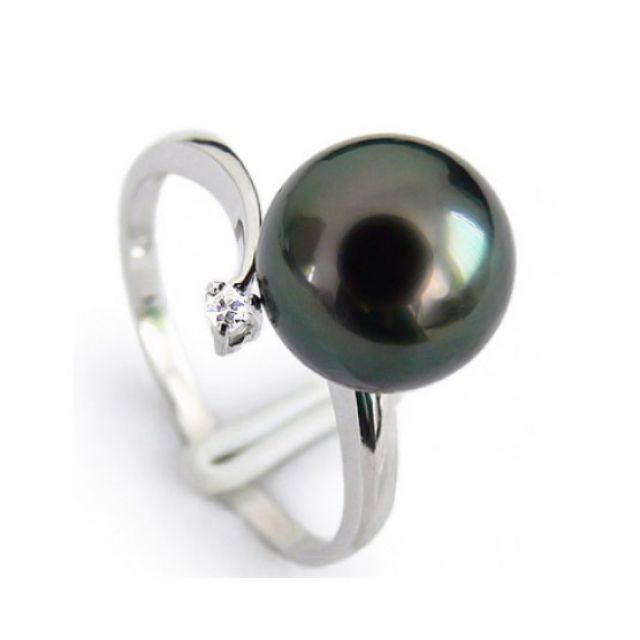 Bague Îles Gambier - Perle de Tahiti noire - Or blanc, diamant