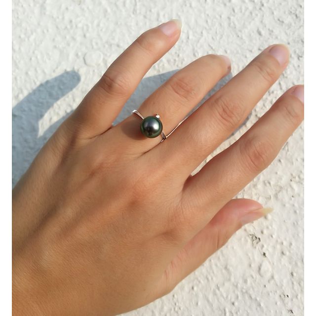 Bague Îles Gambier - Perle de Tahiti noire - Or blanc, diamant