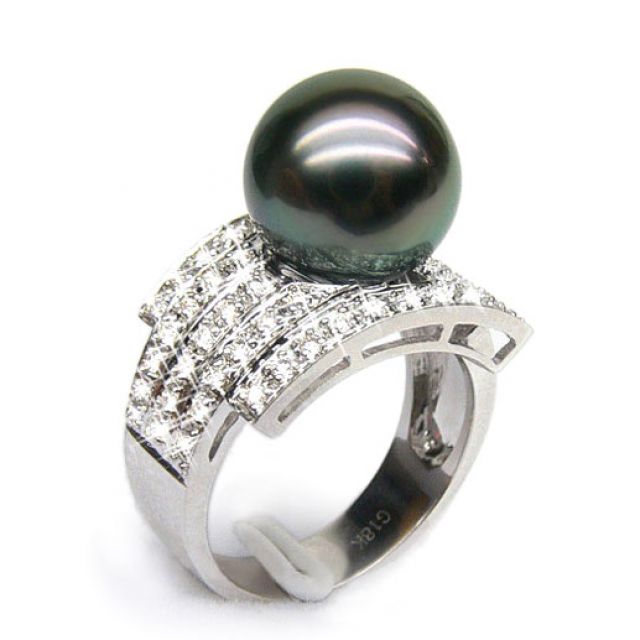 Bague style opulent - Perle Tahiti noire, bronze - Or blanc, diamants