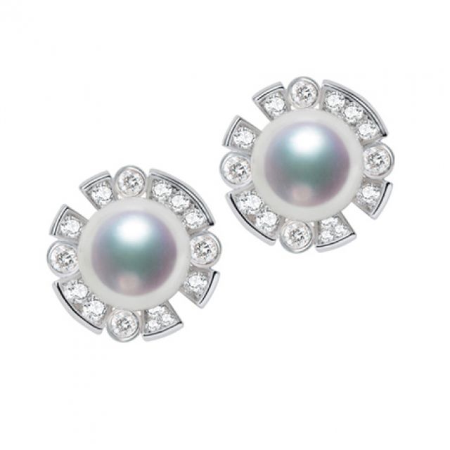 Boucles Oreilles Fleur Luxe. Perles Akoya, Or blanc, Diamants