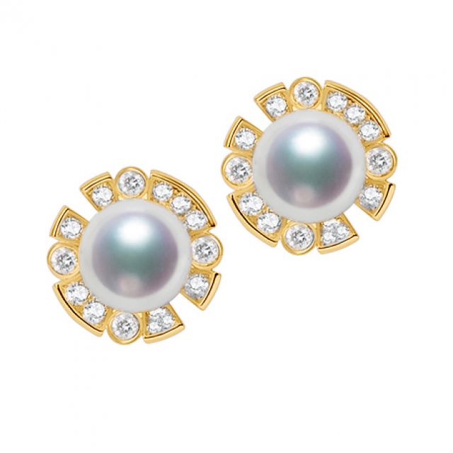 Boucles Oreilles Fleur Luxe. Perles Akoya, Or jaune, Diamants