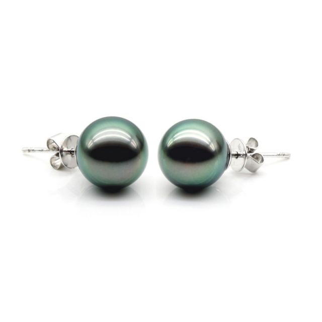 Boucles oreilles clous, or blanc - Perles de Tahiti noires, vertes - 9/10mm, GEMME