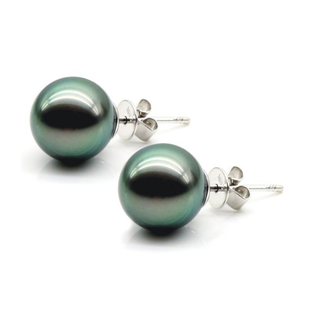 Boucles oreilles clous, or blanc - Perles de Tahiti noires, vertes - 9/10mm, GEMME