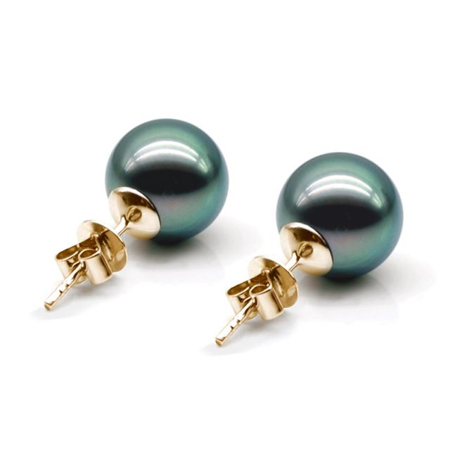 Boucles oreilles clous, or jaune - Perles de Tahiti noires, orient vert - 9/10mm - GEMME