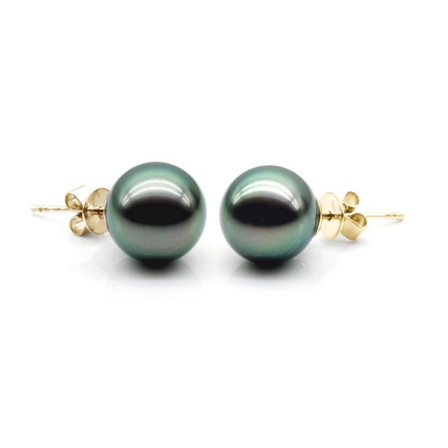 Boucles oreilles clous, or jaune - Perles de Tahiti noires, orient vert - 9/10mm - GEMME