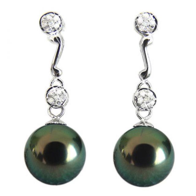 Boucles oreilles pendantes - Perles de Tahiti noires - Or blanc - Diamants