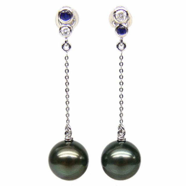 Boucles d'oreilles en or - Perles de Tahiti - Or blanc, diamants, saphirs