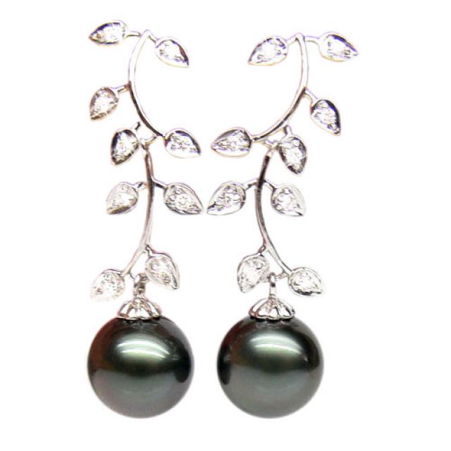 Boucles oreilles Nature - Perles de Tahiti noires - Or blanc, diamants