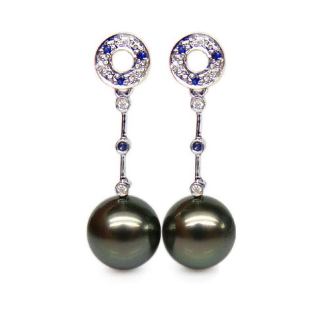 Boucles oreilles - Perles de Tahiti noires - Or blanc, diamants, saphirs