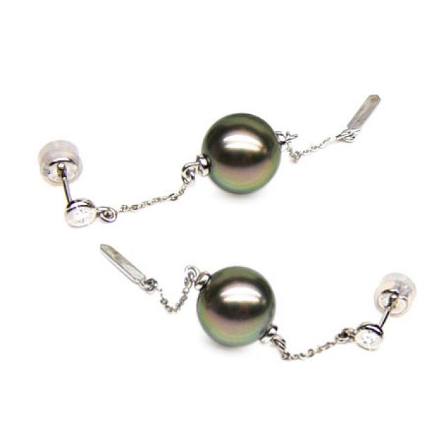 Boucles oreilles perles de Tahiti - Chaine gourmette - Or blanc, diamants