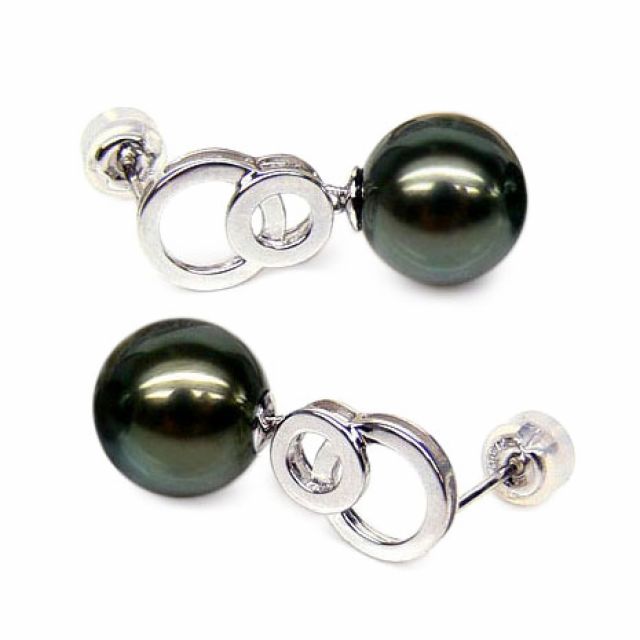 Boucles oreilles anneaux - Perles de Tahiti noires - Or blanc, Diamants