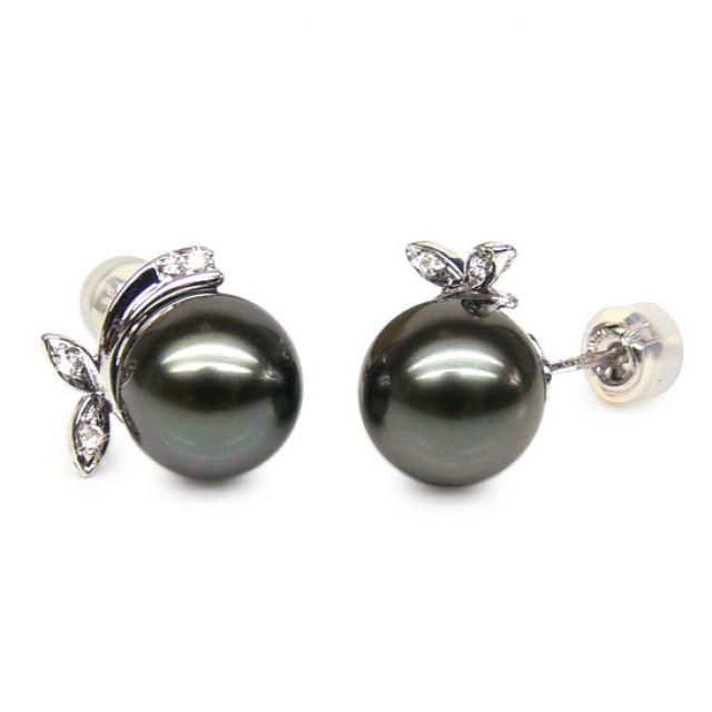 Boucles d'oreilles Bunny - Perles de Tahiti, or blanc, diamants sertis