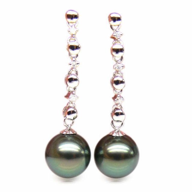 Boucles oreilles chainettes - Perles de Tahiti - or blanc, diamants