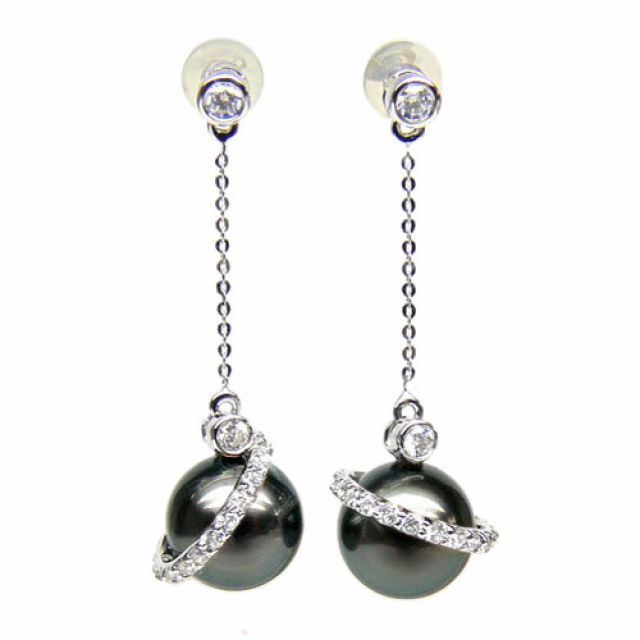 Boucles oreilles cercles diamantés - Perles de Tahiti noires - Or blanc