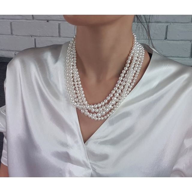 Collier Pierrot I 5 Rangs de Perles Blanches 5/8mm AAA