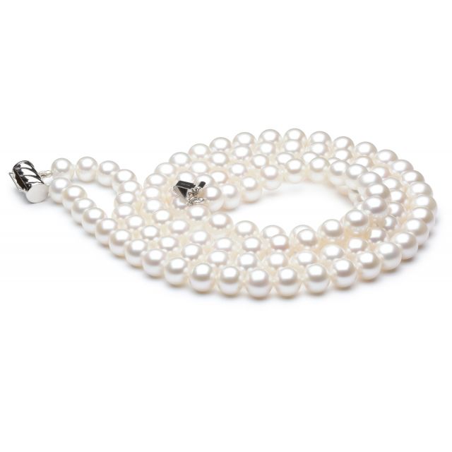 Collier double fil, rang de perles - Perle eau douce blanche - 7/7.5mm