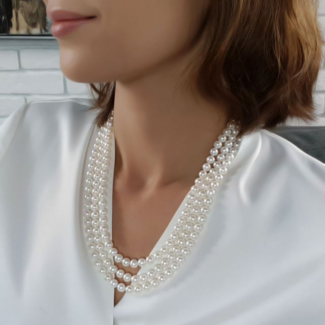 Collier 3 rangs - Collier triple fil perles blanches - 7/7.5mm - AAA