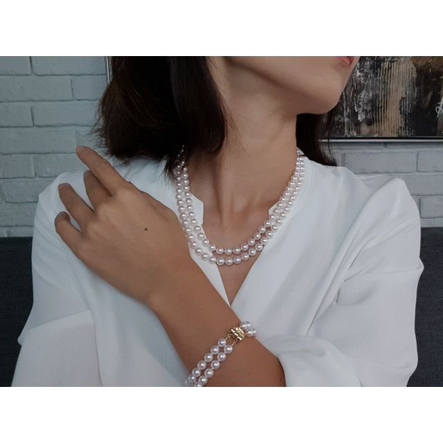 Collier double rang perle Akoya blanche. 7/7.5mm, AAA I Suki