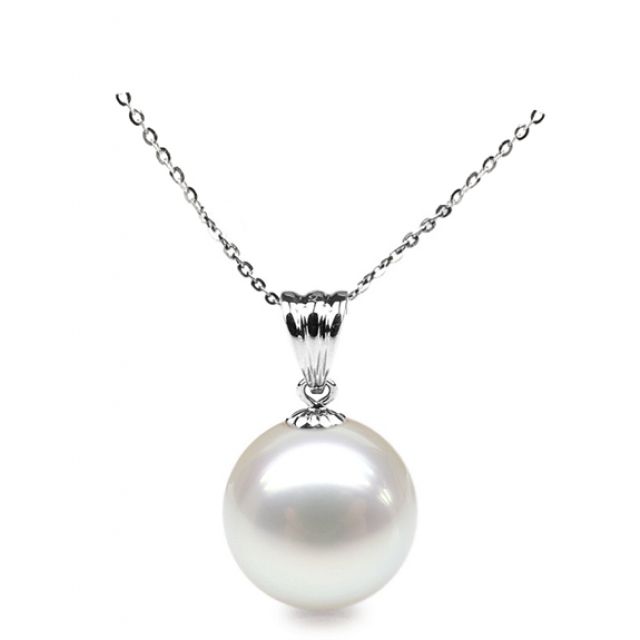 Collier une perle blanche - Pendentif or blanc