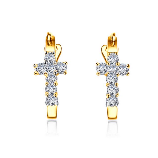 Boucles d'oreilles dormeuses religieuses. Croix diamants Or jaune 