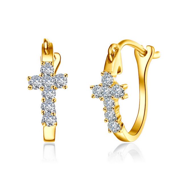 Boucles d'oreilles dormeuses religieuses. Croix diamants Or jaune 