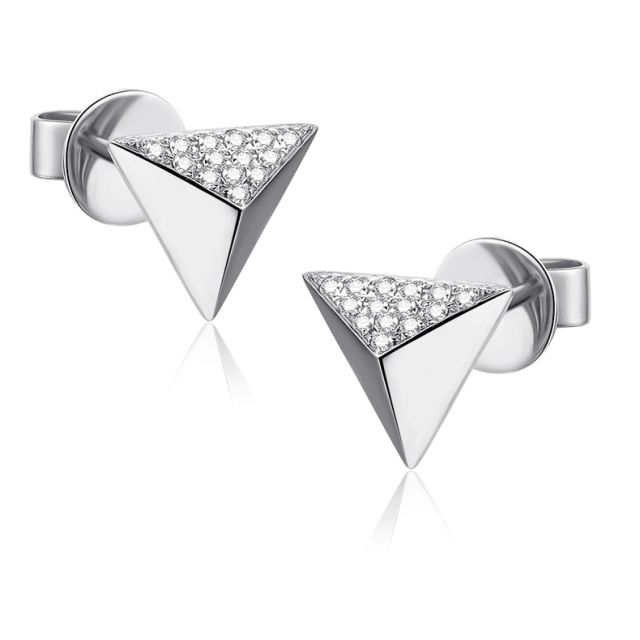 Boucles oreilles clous forme pyramidale. Or blanc, diamants