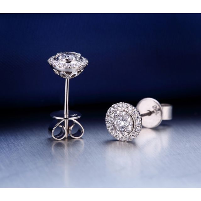 Boucles Oreilles Puces Pavées. Diamants 0.80ct fleurs. Or blanc 18cts