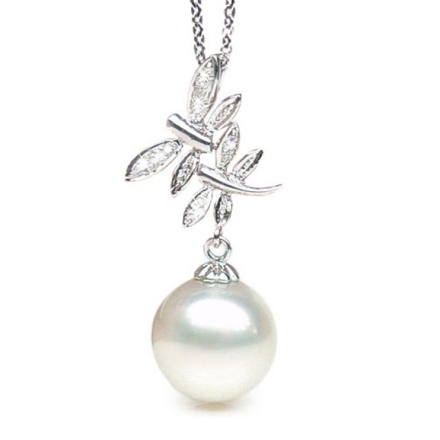 Pendentif libellules - Perle d'Australie blanche - Or blanc, diamants