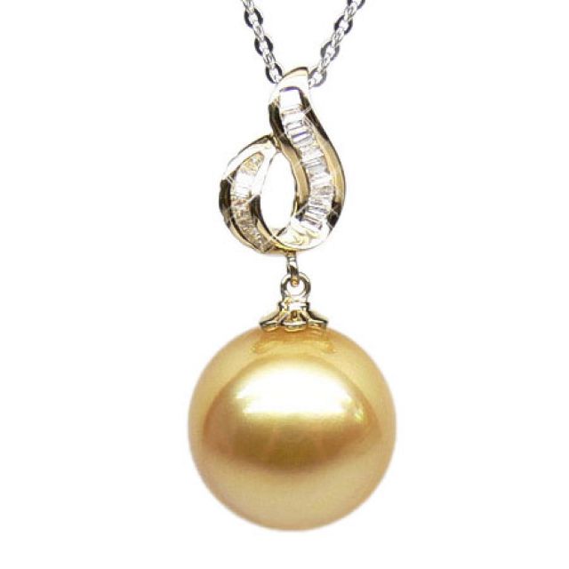 Pendentif contemporain - Perle d'Australie dorée - Or jaune, diamants