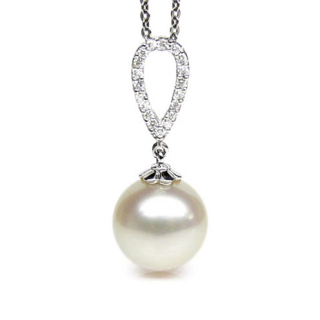 Pendentif goutte diamantée - Perle d'Australie blanche - Or blanc