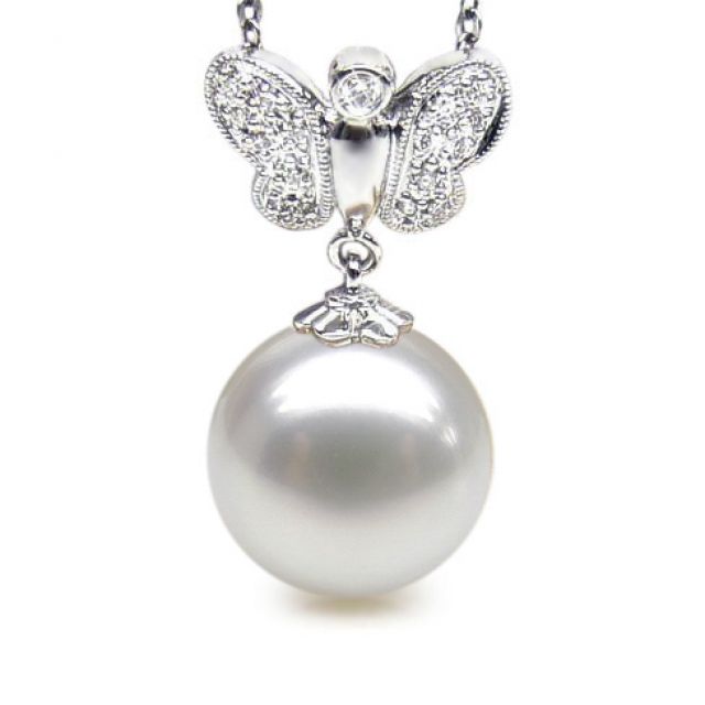 Pendentif papillon or blanc - Perle d'Australie blanche - Diamants