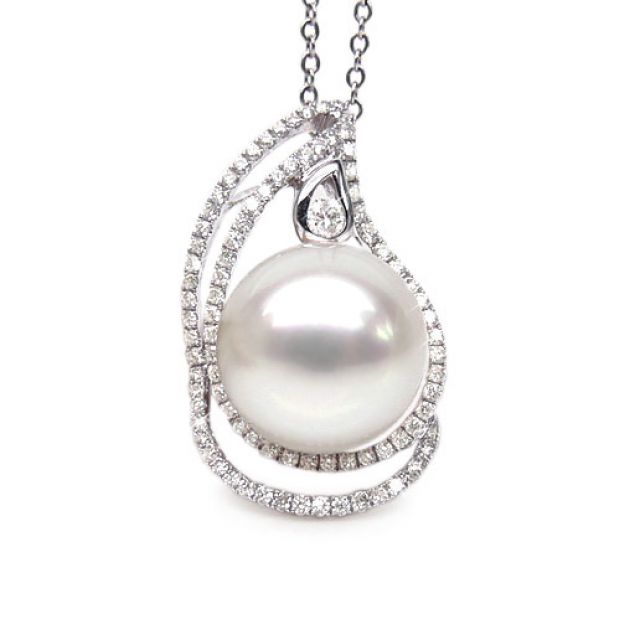 Pendentif goutte d'or blanc et diamants - Perle d'Australie blanche