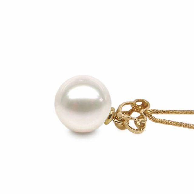 Pendentif petite pousse de printemps - Perle, or jaune et diamants