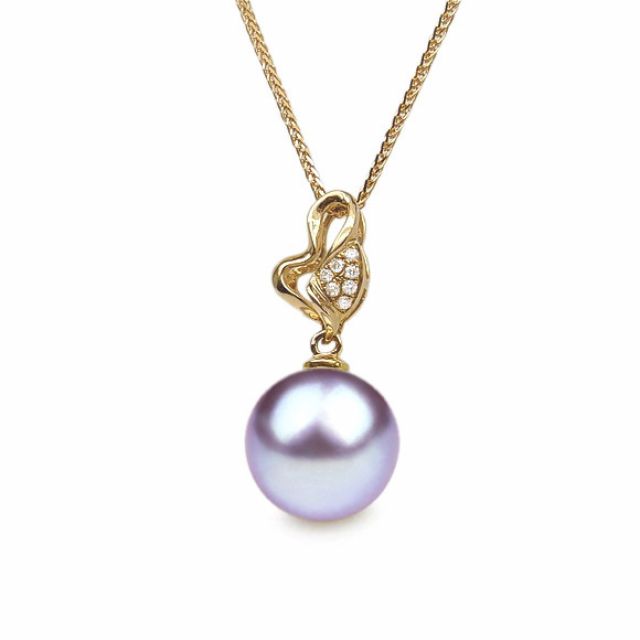 Pendentif petite pousse de printemps - Perle, or jaune et diamants