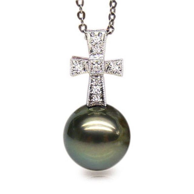 Pendentif croix romaine - Perle de Tahiti - Or blanc, diamants